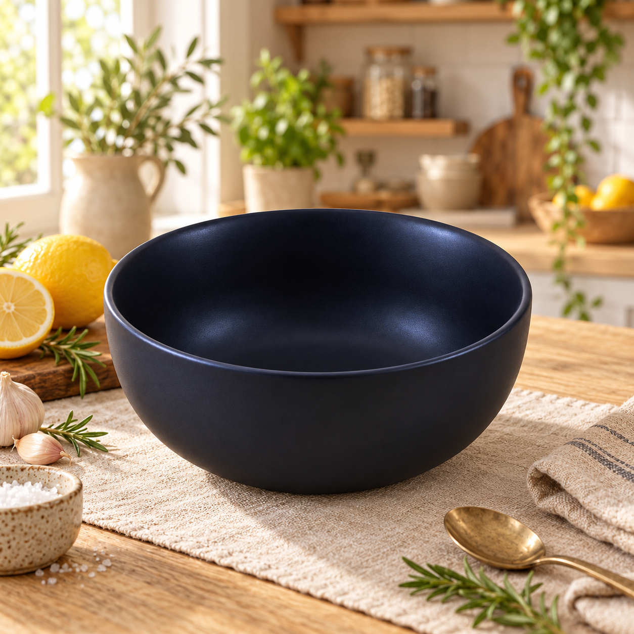 KunhaR Ceramic Serving Bowl, 1500 ml, Black Matt, Large Multipurpose Bowl for Mixing, Serving, Salads, Pasta & Snacks, 1 Piece