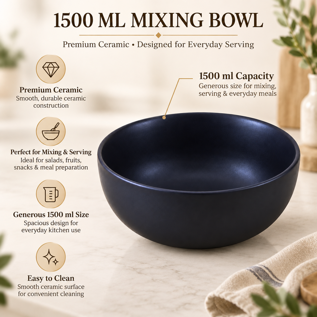 KunhaR Ceramic Serving Bowl, 1500 ml, Black Matt, Large Multipurpose Bowl for Mixing, Serving, Salads, Pasta & Snacks, 1 Piece - Image 7