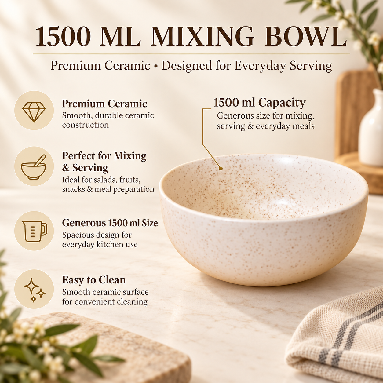 KunhaR Ceramic Serving Bowl, 1500 ml, White Matt, Large Multipurpose Bowl for Mixing, Serving, Salads, Pasta & Snacks, 1 Piece - Image 7