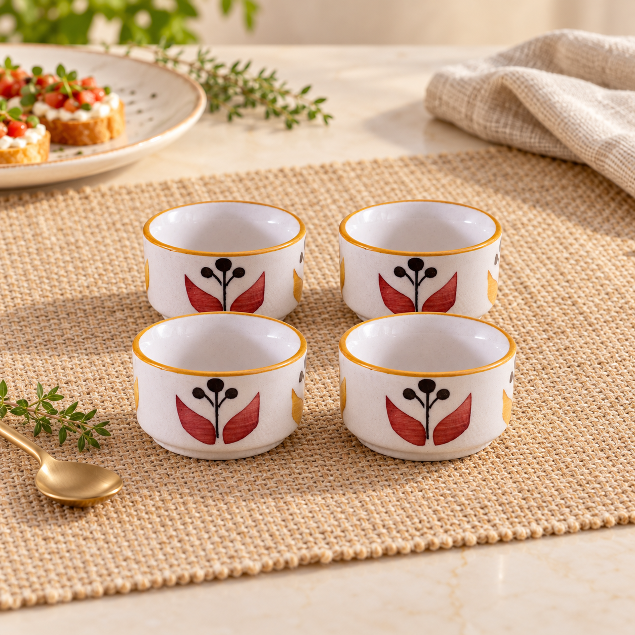 Kunhar Ceramic Sauce Holder - 56 ML, 4 Pieces, White Yellow