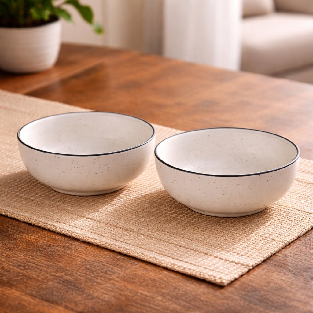 KunhaR Ceramic Serving Bowls (White Matt Black Border, 400 ml) - 2 Pieces