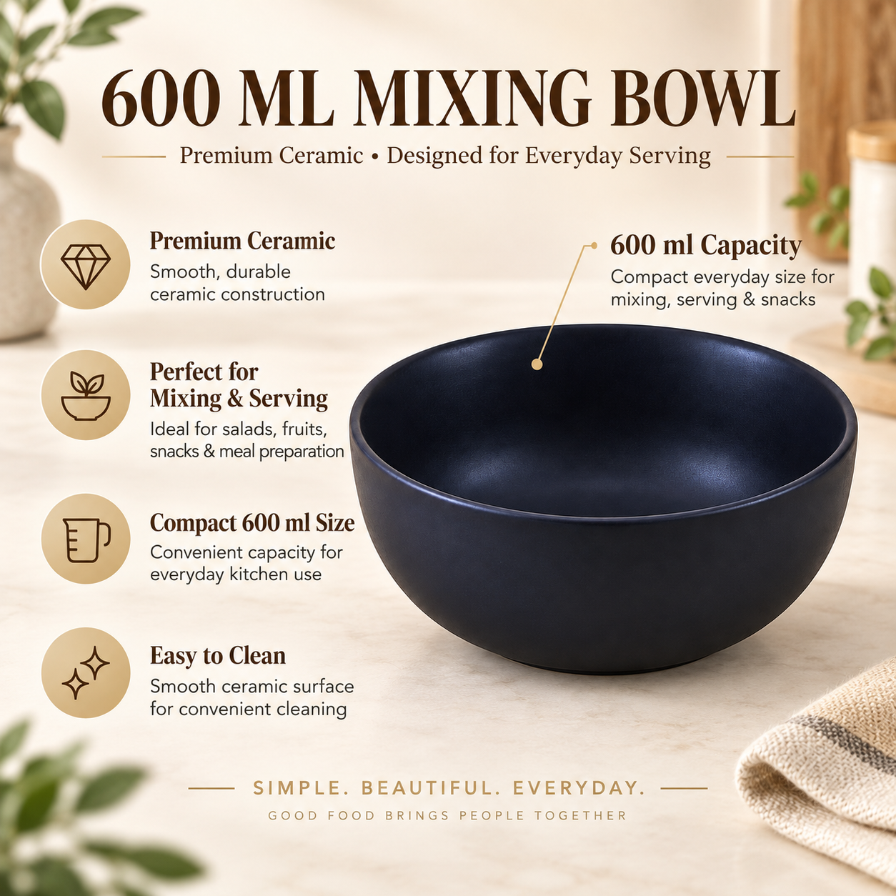 KunhaR Ceramic Serving Bowl, 600 ml, Black Matt, Multipurpose Bowl for Mixing, Serving, Salads, Pasta & Snacks, 1 Piece - Image 7