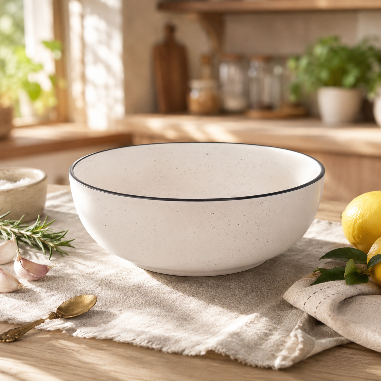 KunhaR Ceramic Serving Bowl, 600 ml, White Matt with Black Border, Multipurpose Bowl for Mixing, Serving, Salads, Pasta & Snacks, 1 Piece