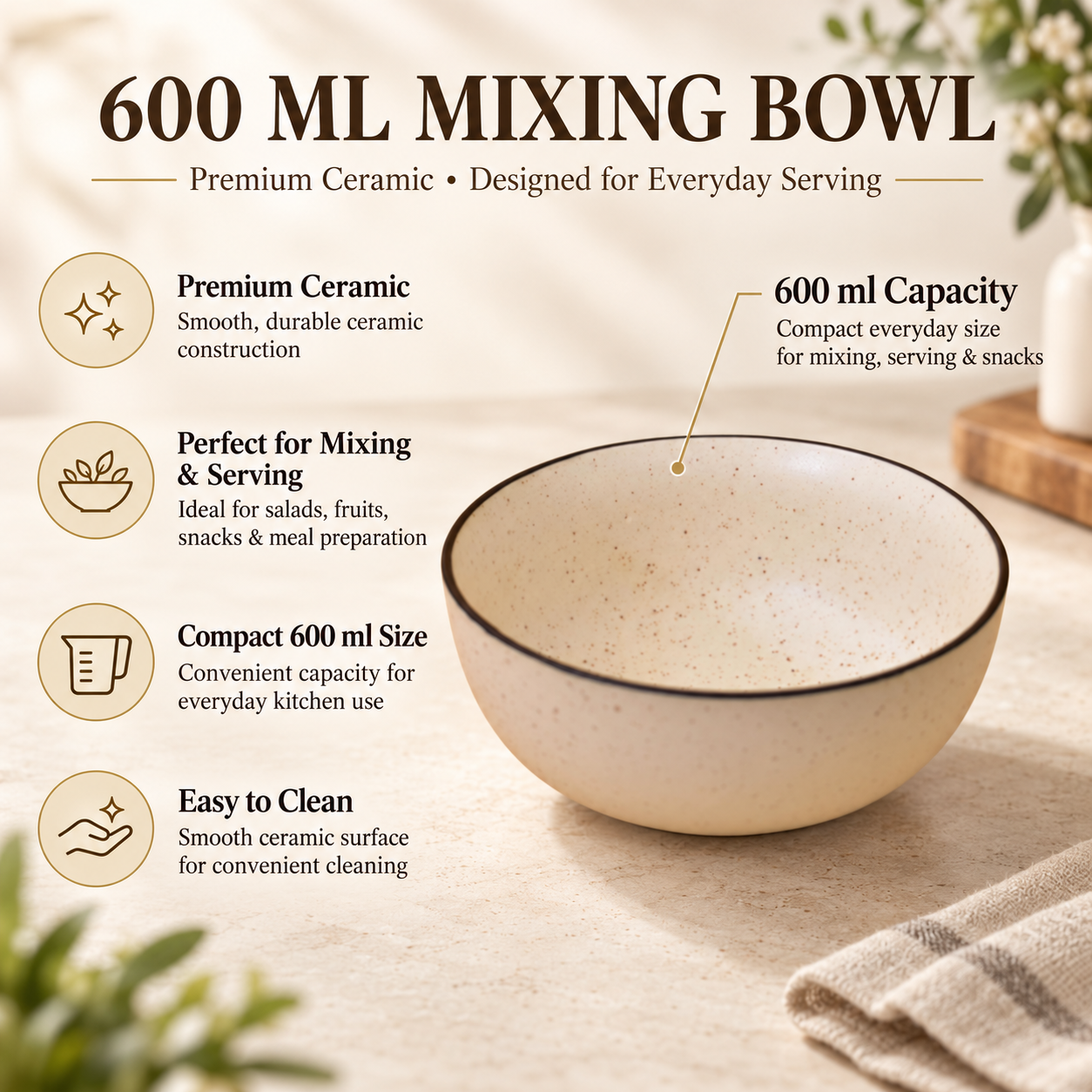 KunhaR Ceramic Serving Bowl, 600 ml, White Matt with Black Border, Multipurpose Bowl for Mixing, Serving, Salads, Pasta & Snacks, 1 Piece - Image 8