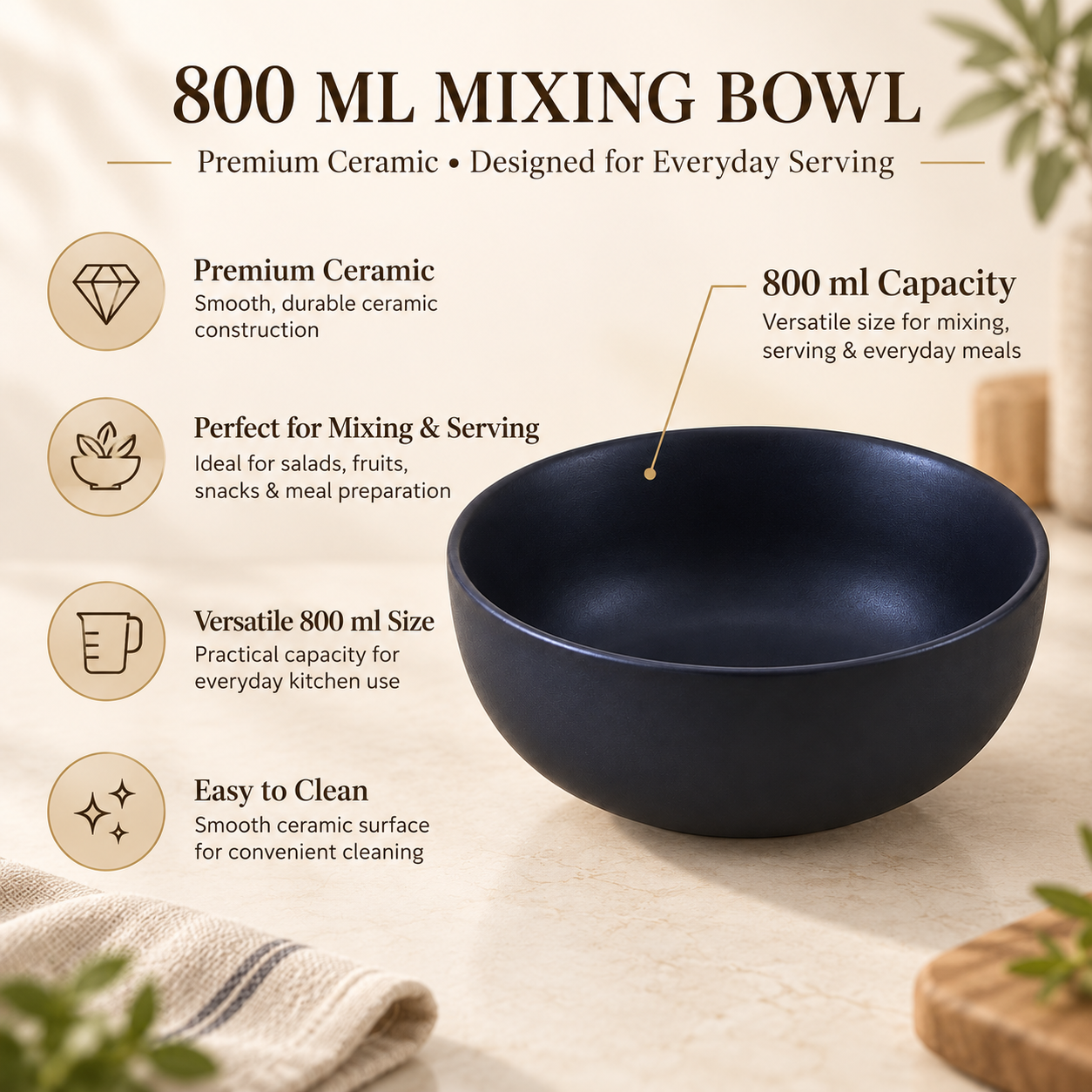 KunhaR Ceramic Serving Bowl, 800 ml, Black Matt, Multipurpose Bowl for Mixing, Serving, Salads, Pasta & Snacks, 1 Piece - Image 7