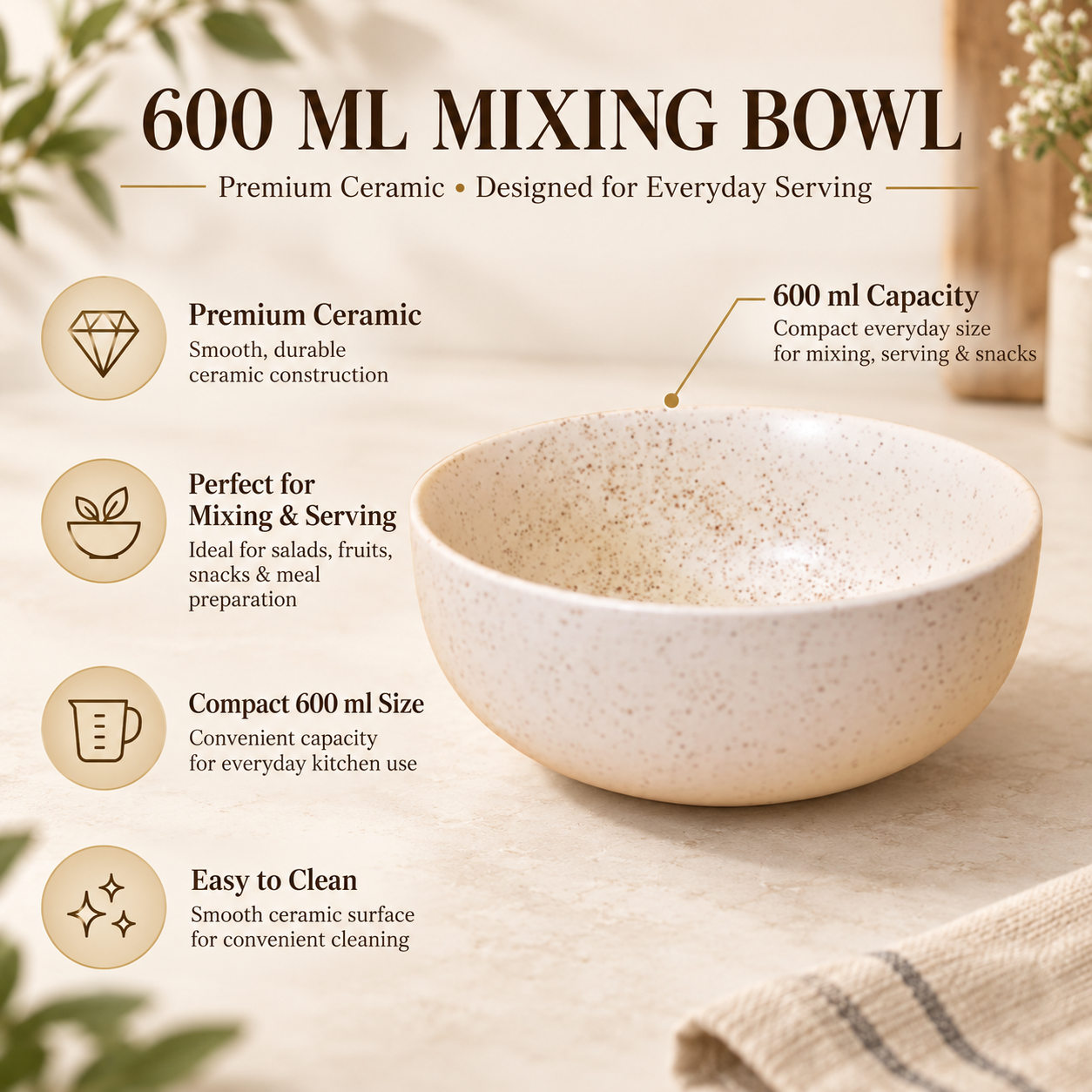 KunhaR Ceramic Serving Bowl, 800 ml, White Matt, Multipurpose Bowl for Mixing, Serving, Salads, Pasta & Snacks, 1 Piece - Image 7