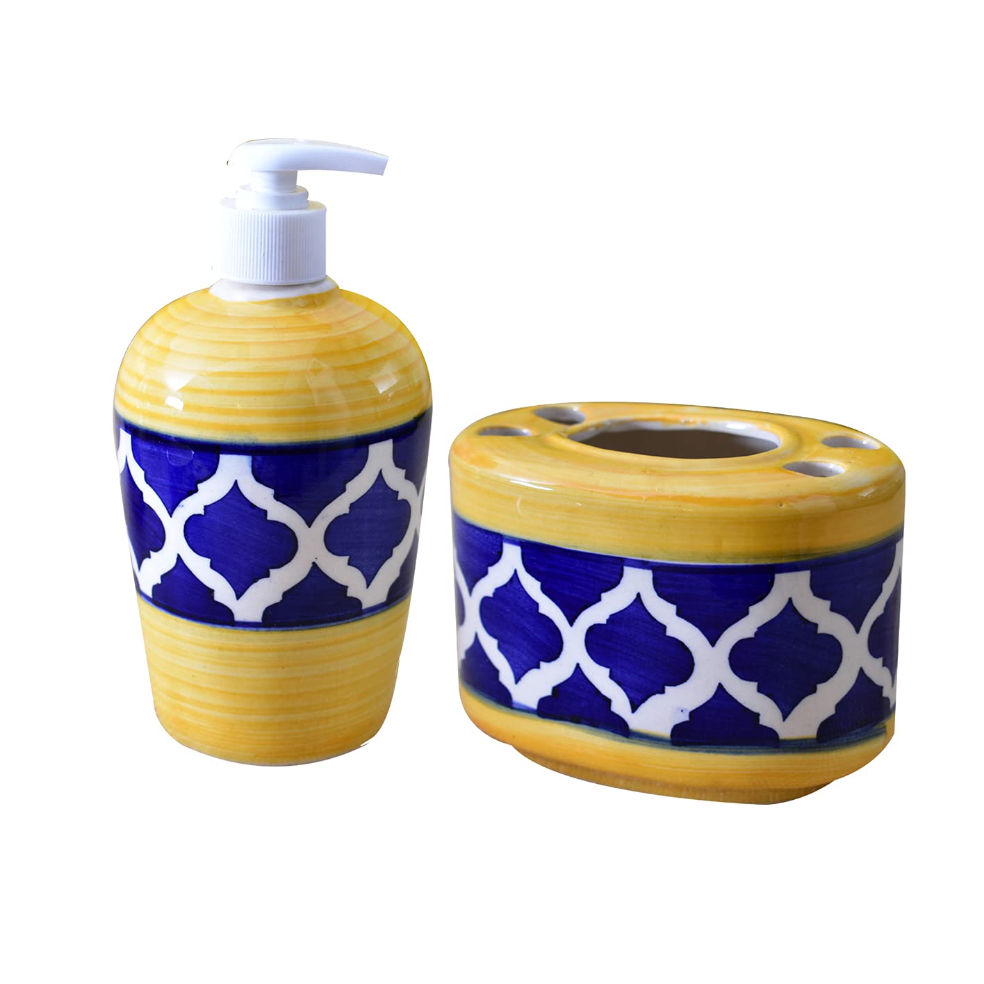 Kunhar Ceramic 2-Piece Bathroom Accessories Set (1 Liquid Soap Dispenser and 1 Toothbrush Holder), White Tree — Amazon product image