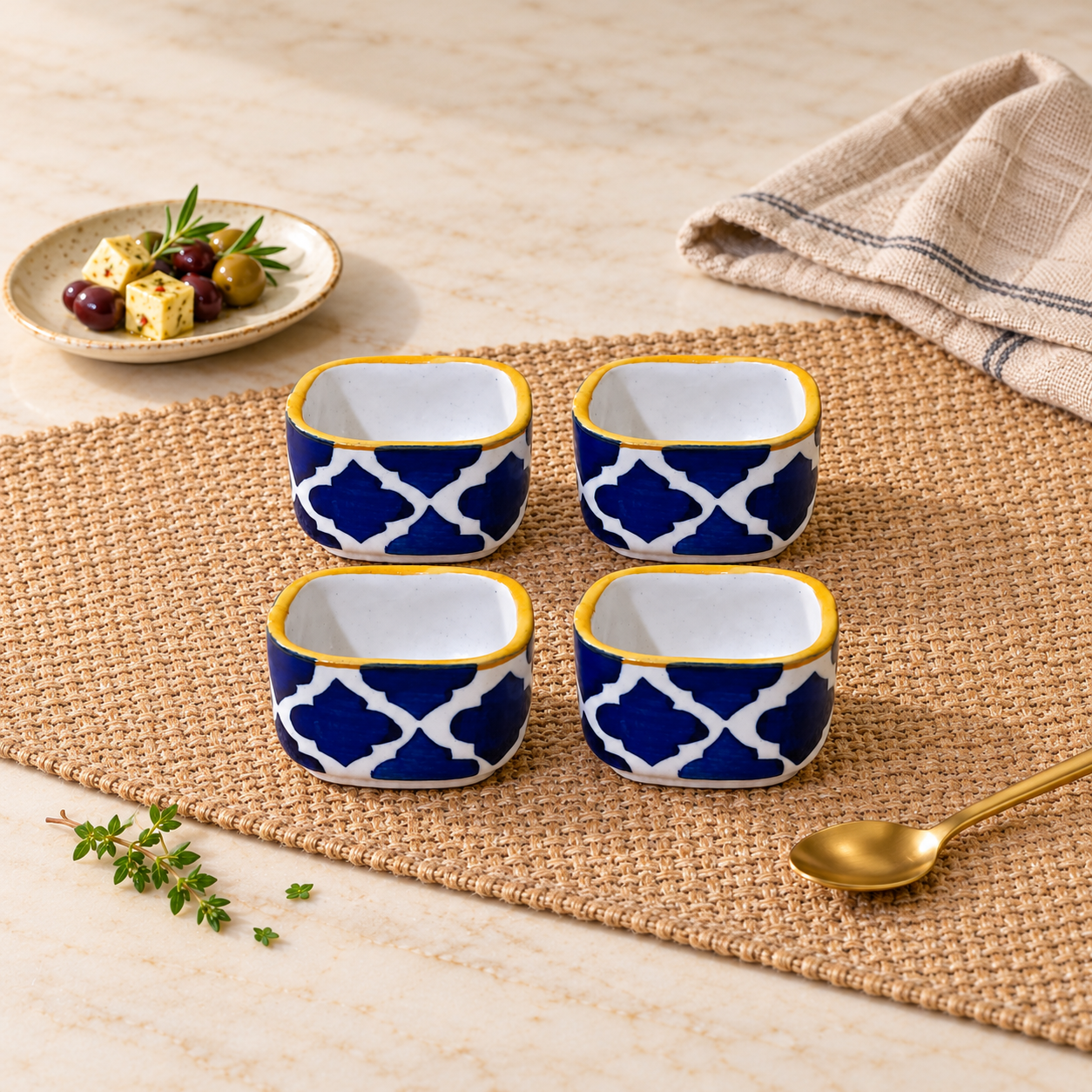 Kunhar Ceramic Sauce Holder - 56 ML, 4 Pieces, Yellow Blue