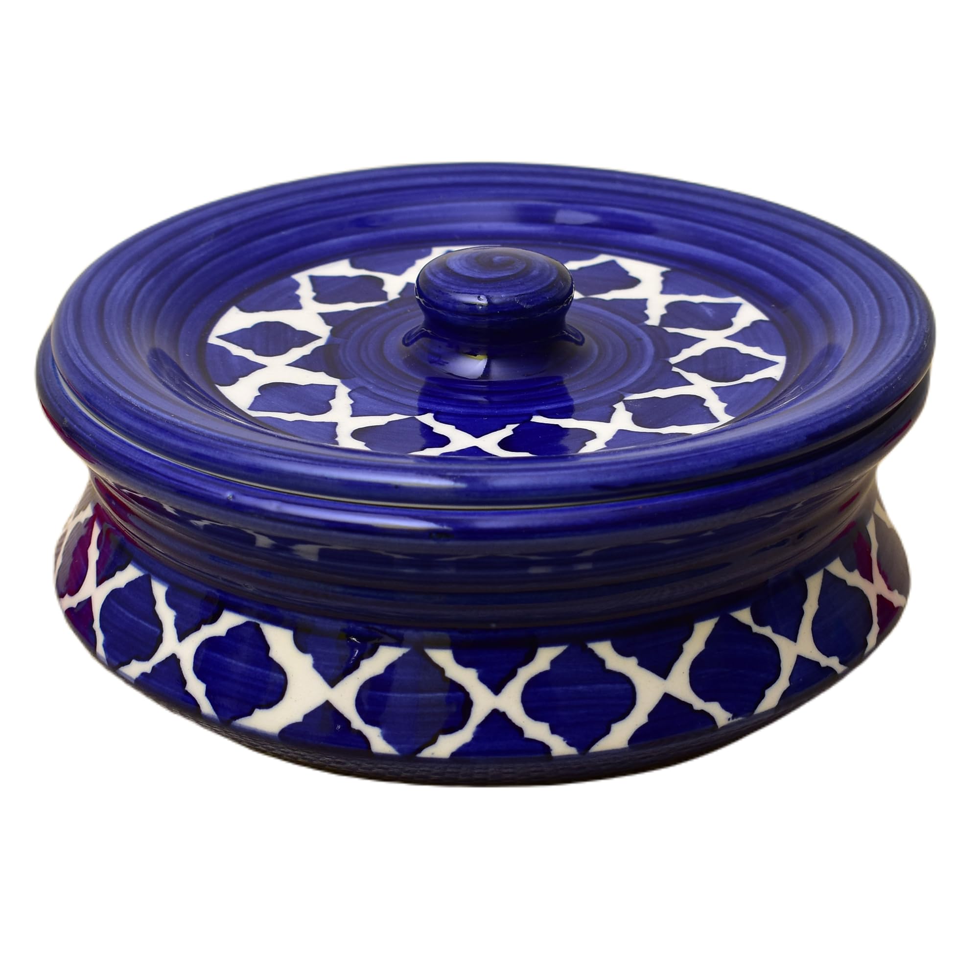 Kunhar Ceramic Donga with Lid, Ceramic Serving Casserole, 800 Ml, 1 Piece, Blue Chidi (Size 2 Number)
