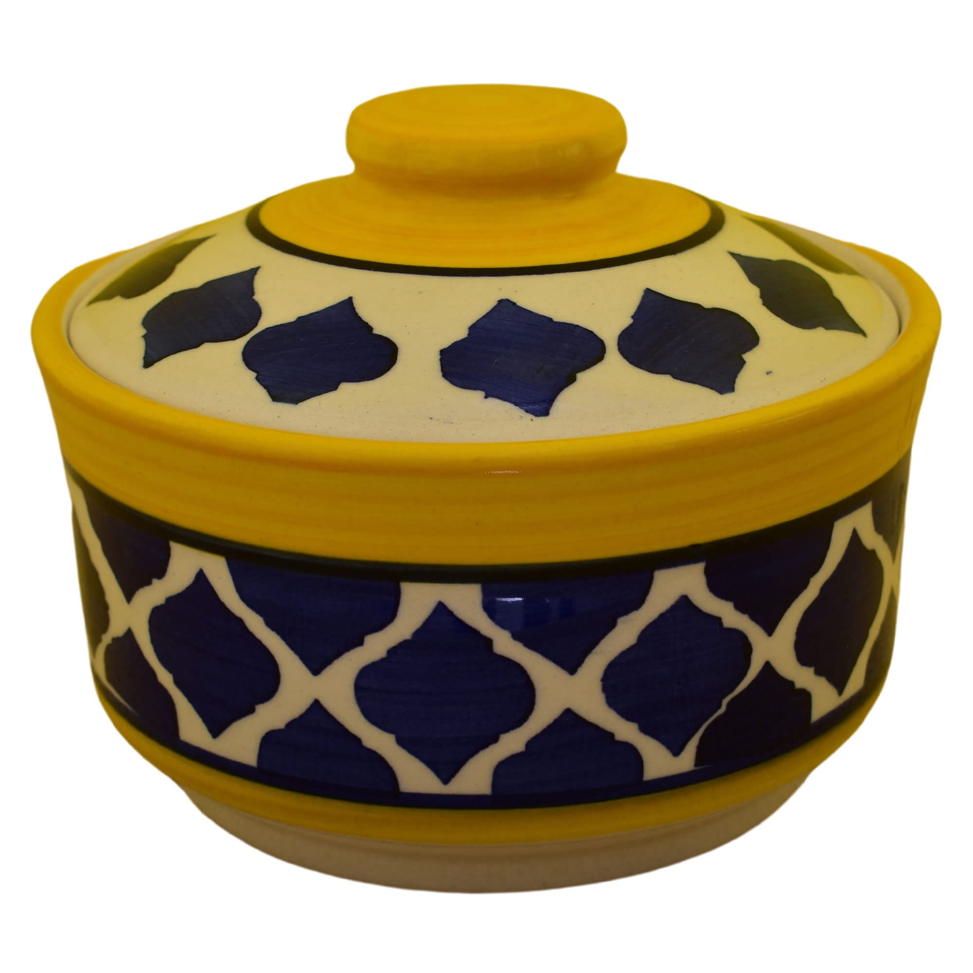 Kunhar Ceramic Donga with Lid, Ceramic Serving Donga, 1000 Ml, 1 Piece, Yellow Blue