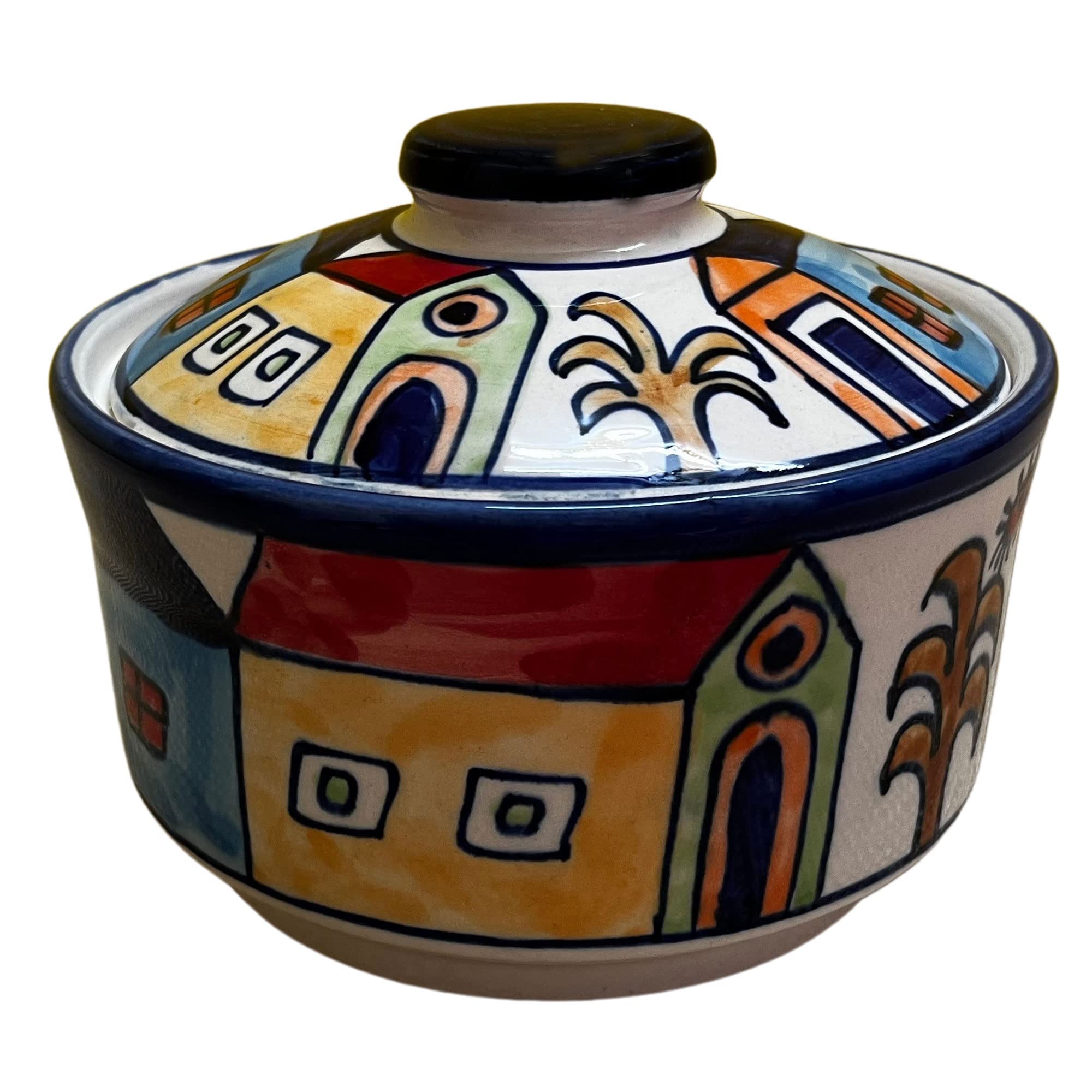 Kunhar Ceramic Donga with Lid, Ceramic Serving Donga, 1000 Ml, 1 Piece, Hut Print