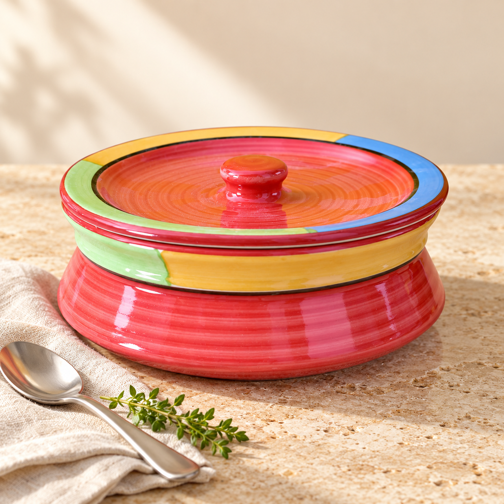 KunhaR Ceramic Donga with Lid, Ceramic Serving Casserole, 1100 ml, 1 Piece Red
