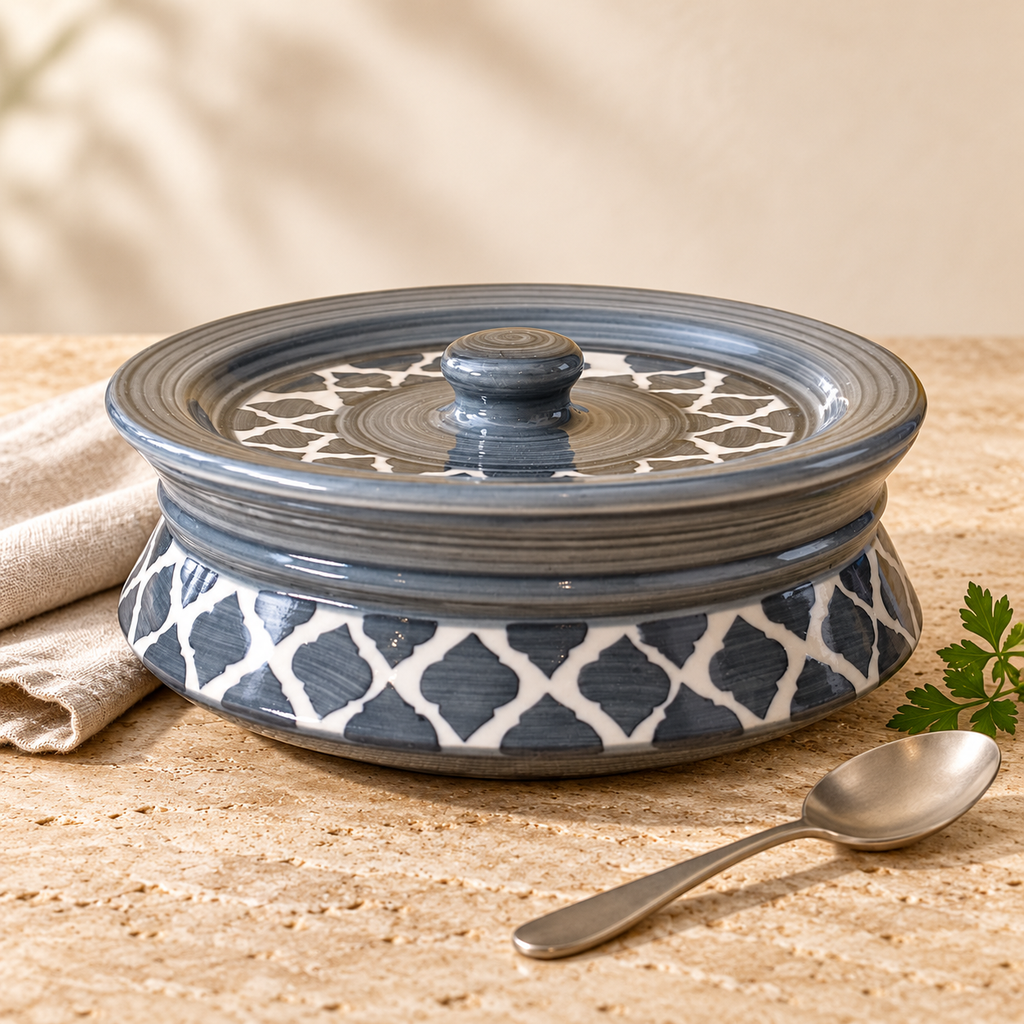 KunhaR Ceramic Donga with Lid, Ceramic Serving Casserole, 1100 ml, 1 Piece Grey
