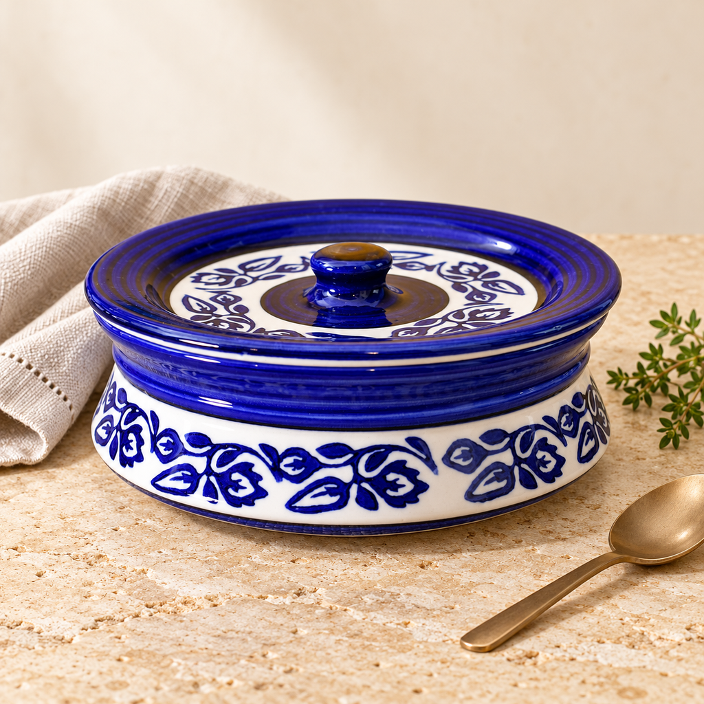 KunhaR Ceramic Donga with Lid, Ceramic Serving Casserole, 1100 ml, 1 Piece, Blue Vine