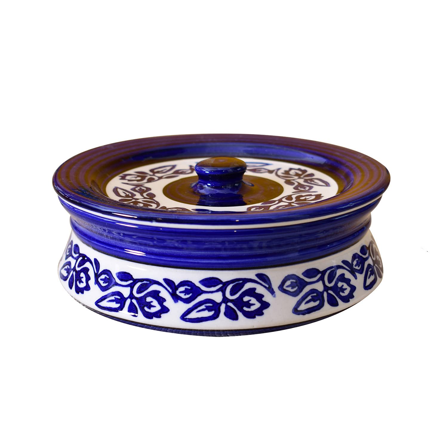 Kunhar Ceramic Donga with Lid, Ceramic Serving Casserole, 1100 Ml, 1 Piece, Blue Vine (Size 1 Number)