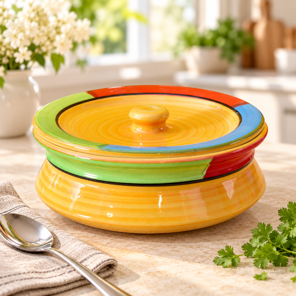 KunhaR Ceramic Donga with Lid, Ceramic Serving Casserole, 1100 ml, 1 Piece, Yellow