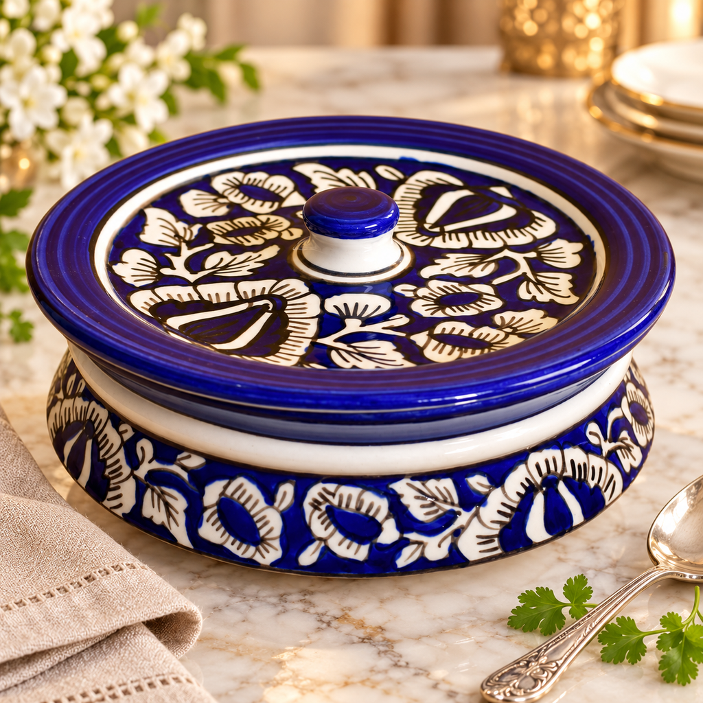 KunhaR Ceramic Donga with Lid - 1100 ml, Mughal Painting Ceramic Donga 1 Piece, Blue
