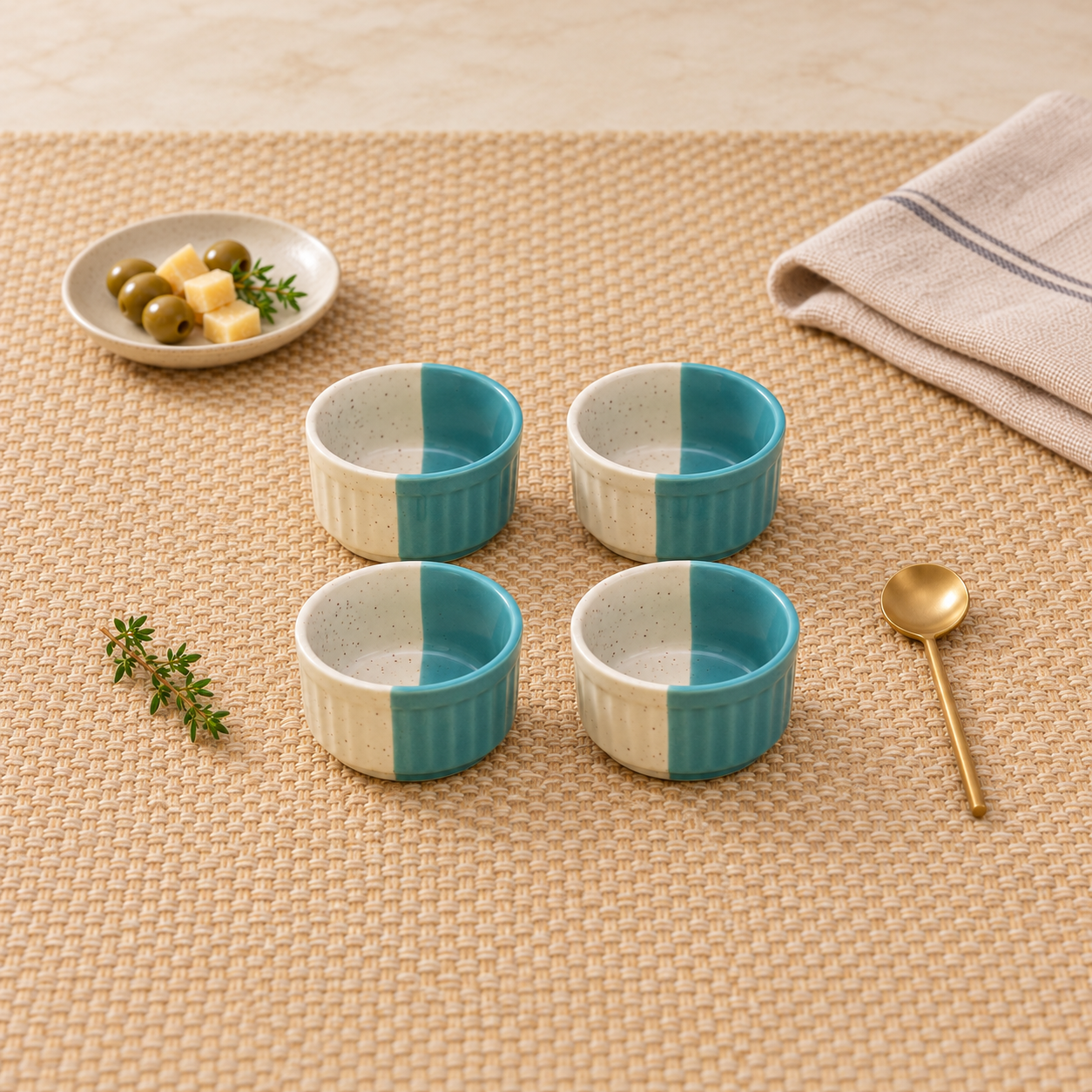 Kunhar Ceramic Sauce Holder - 56 ML, 4 Pieces, White Dusty Blue
