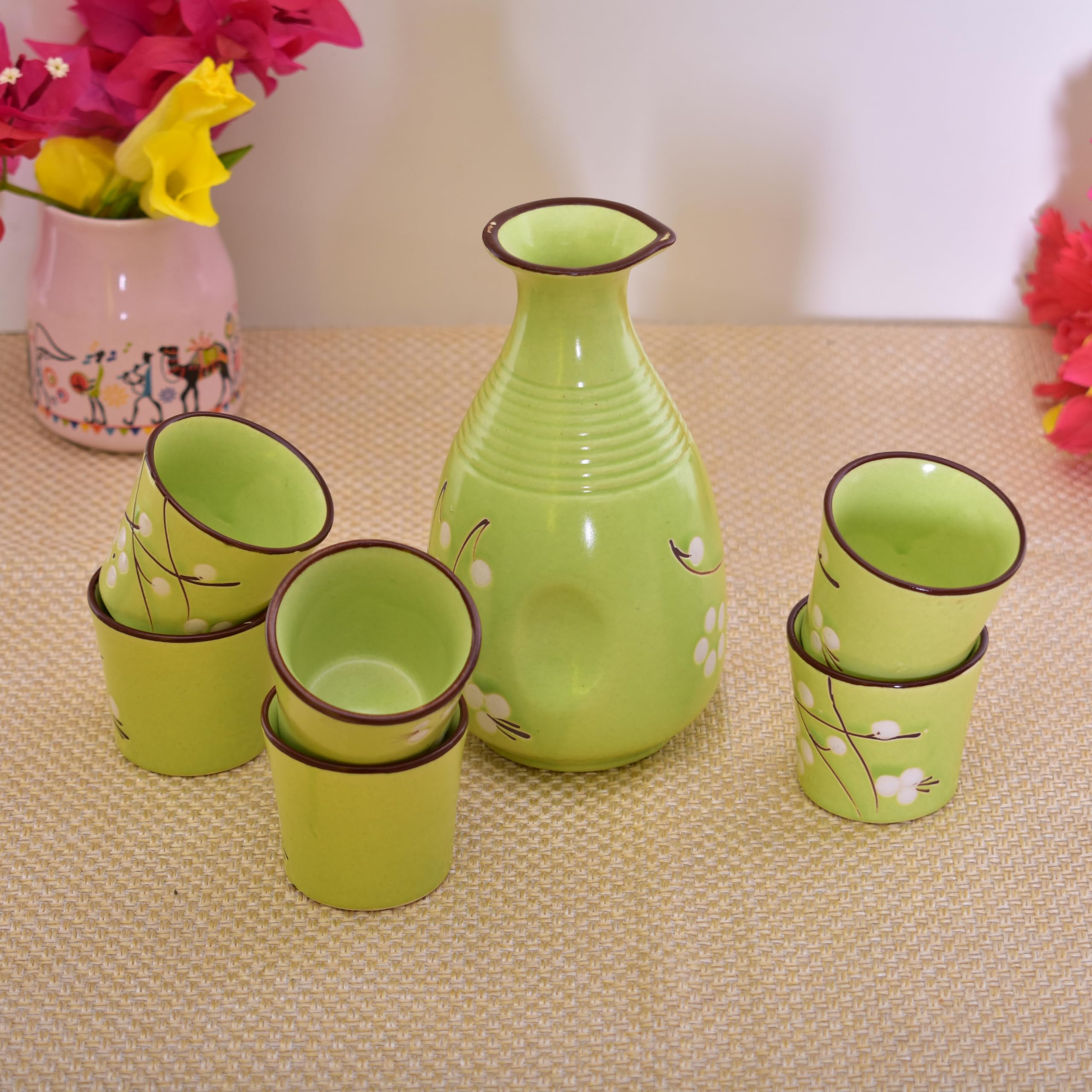 KunhaR Handmade Ceramic Tequila & Whiskey Decanter Set (300 Ml) with 6 Shot Glasses, Green