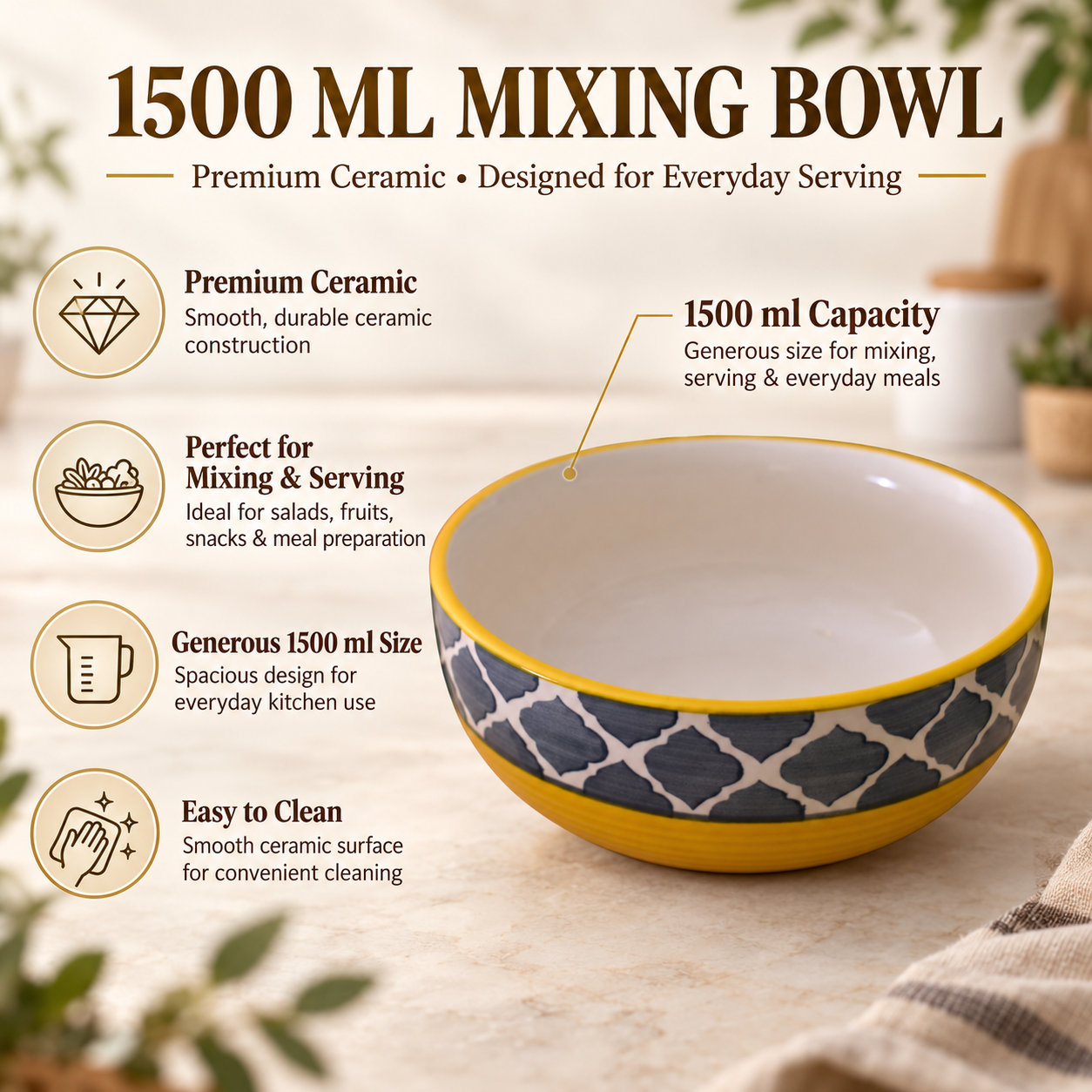 KunhaR Ceramic Serving Bowl 1500 ml, Yellow Grey | Large Ceramic Bowl for Salad, Pasta, Noodles, Fruits, Curry & Snacks | Premium Tableware Bowl for Kitchen & Dining | 1 Piece
