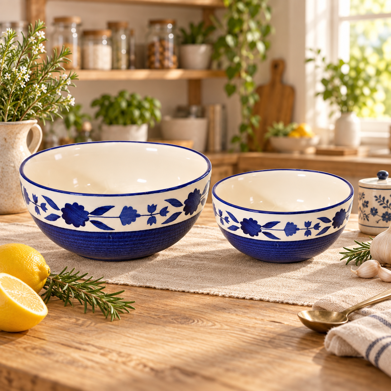 KunhaR Ceramic Mixing Bowl Set, 1500 ml & 800 ml, Blue | Set of 2 Nesting Bowls for Mixing, Serving, Salad, Pasta, Snacks & Kitchen Prep