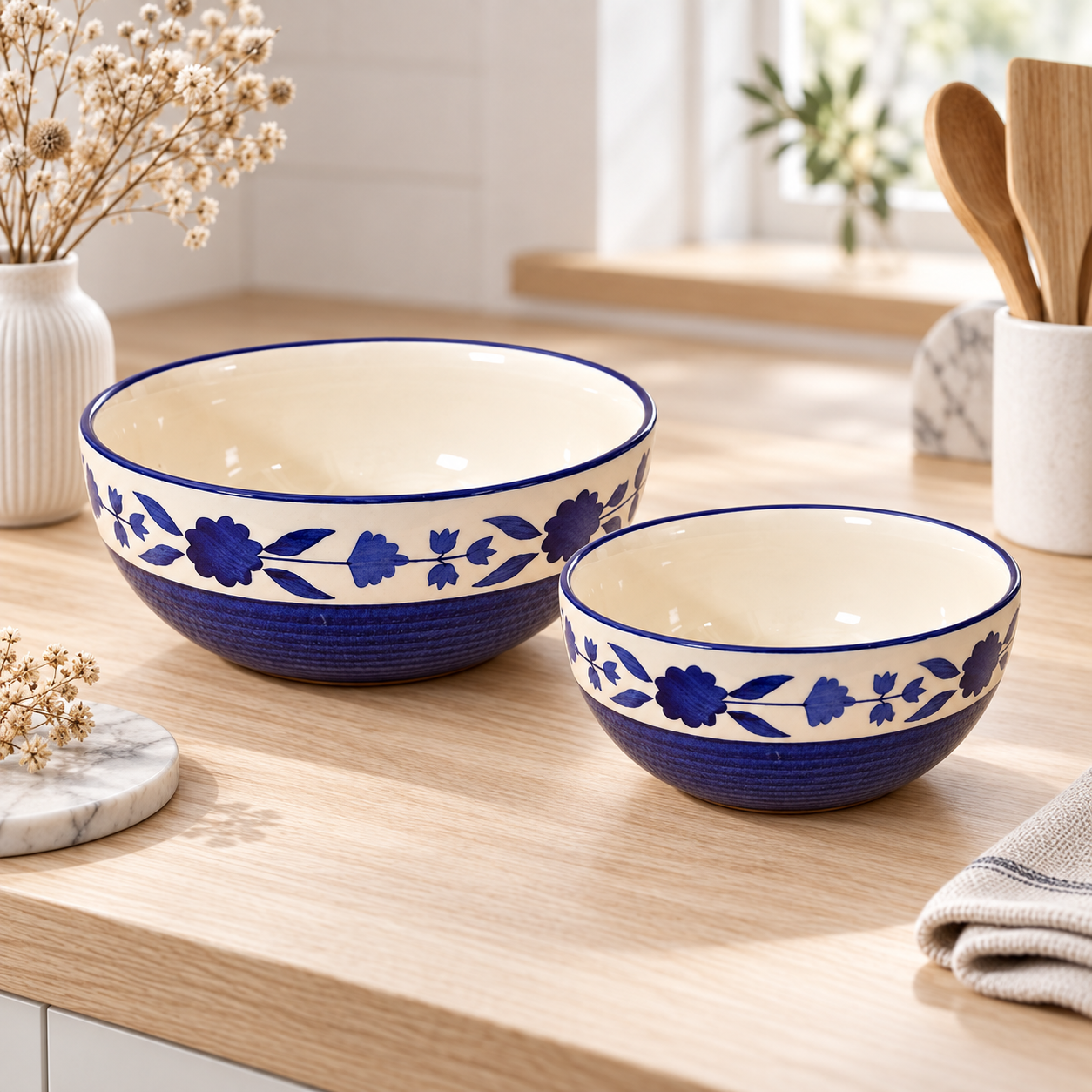 KunhaR Ceramic Mixing Bowl Set, 1500 ml & 800 ml, Blue | Set of 2 Nesting Bowls for Mixing, Serving, Salad, Pasta, Snacks & Kitchen Prep