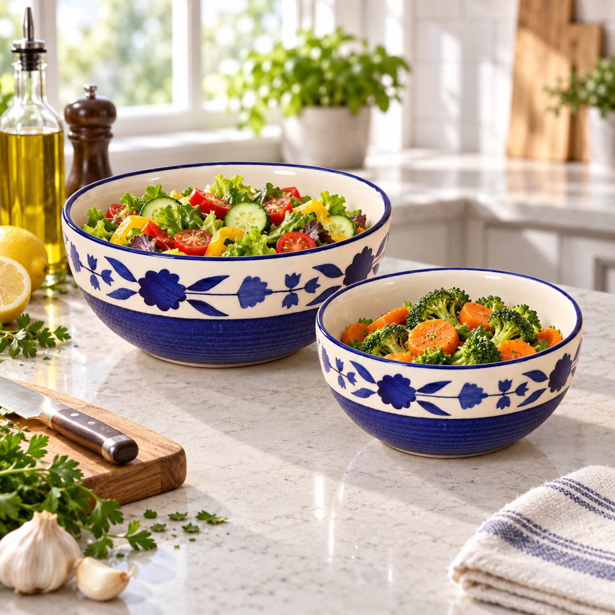 KunhaR Ceramic Mixing Bowl Set, 1500 ml & 800 ml, Blue | Set of 2 Nesting Bowls for Mixing, Serving, Salad, Pasta, Snacks & Kitchen Prep