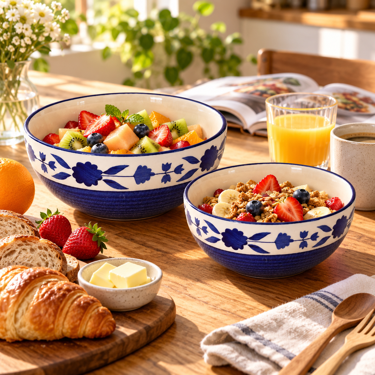 KunhaR Ceramic Mixing Bowl Set, 1500 ml & 800 ml, Blue | Set of 2 Nesting Bowls for Mixing, Serving, Salad, Pasta, Snacks & Kitchen Prep