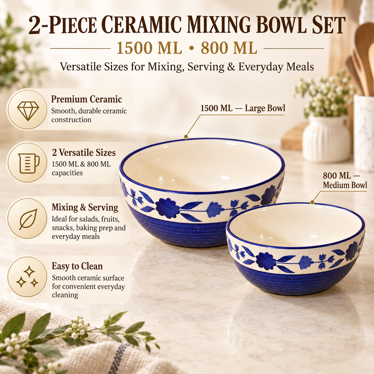 KunhaR Ceramic Mixing Bowl Set, 1500 ml & 800 ml, Blue | Set of 2 Nesting Bowls for Mixing, Serving, Salad, Pasta, Snacks & Kitchen Prep