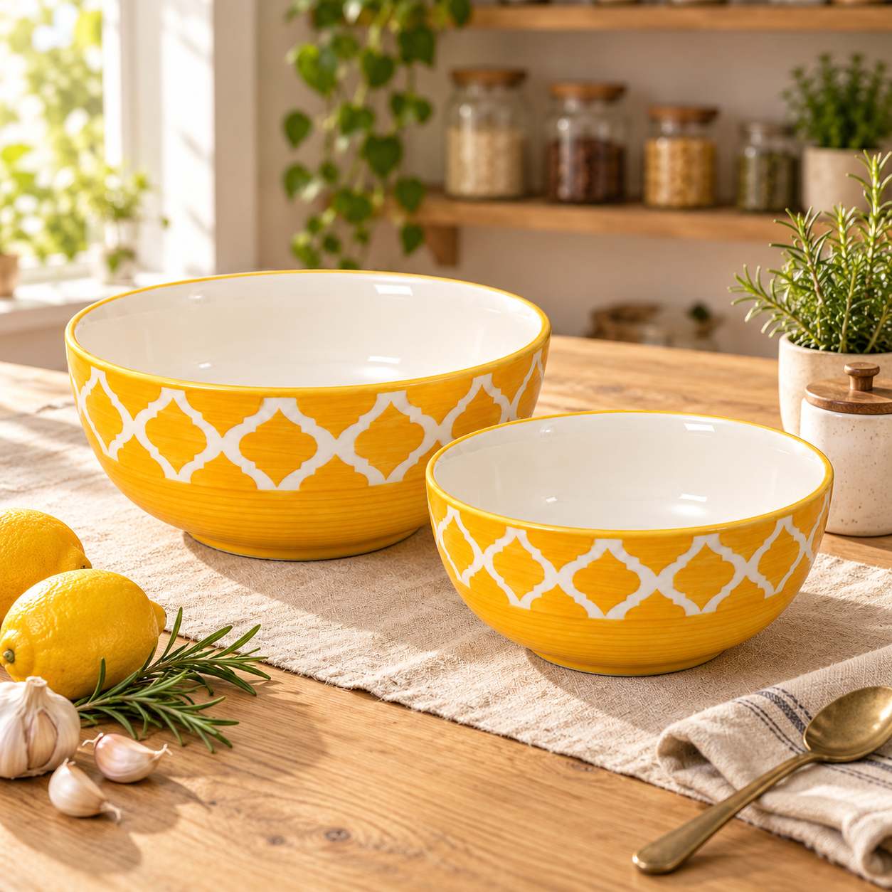 KunhaR Ceramic Mixing Bowl Set, 1500 ml & 800 ml, Yellow Chidi | Set of 2 Nesting Bowls for Mixing, Serving, Salad, Pasta, Snacks & Kitchen Prep