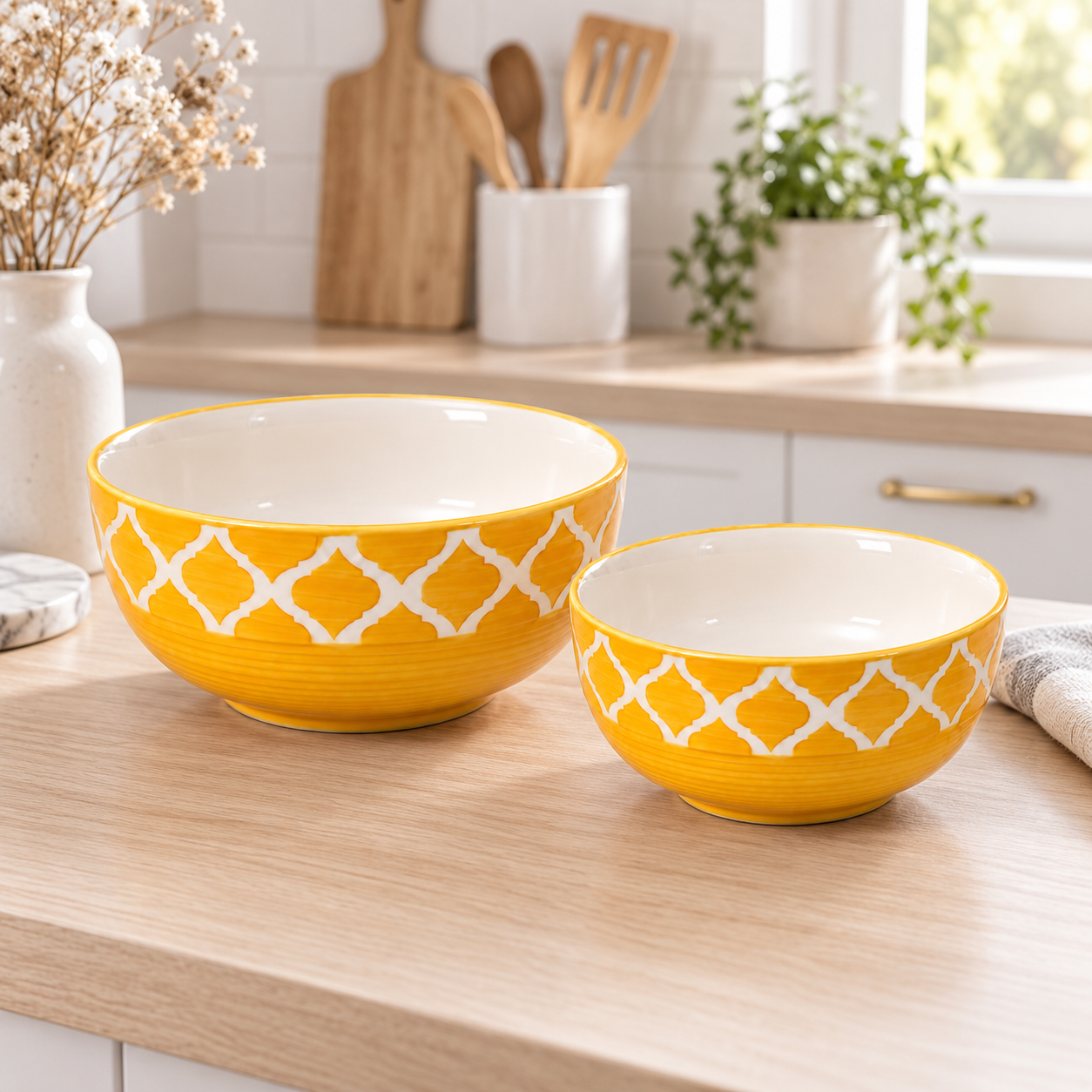KunhaR Ceramic Mixing Bowl Set, 1500 ml & 800 ml, Yellow Chidi | Set of 2 Nesting Bowls for Mixing, Serving, Salad, Pasta, Snacks & Kitchen Prep - Image 2