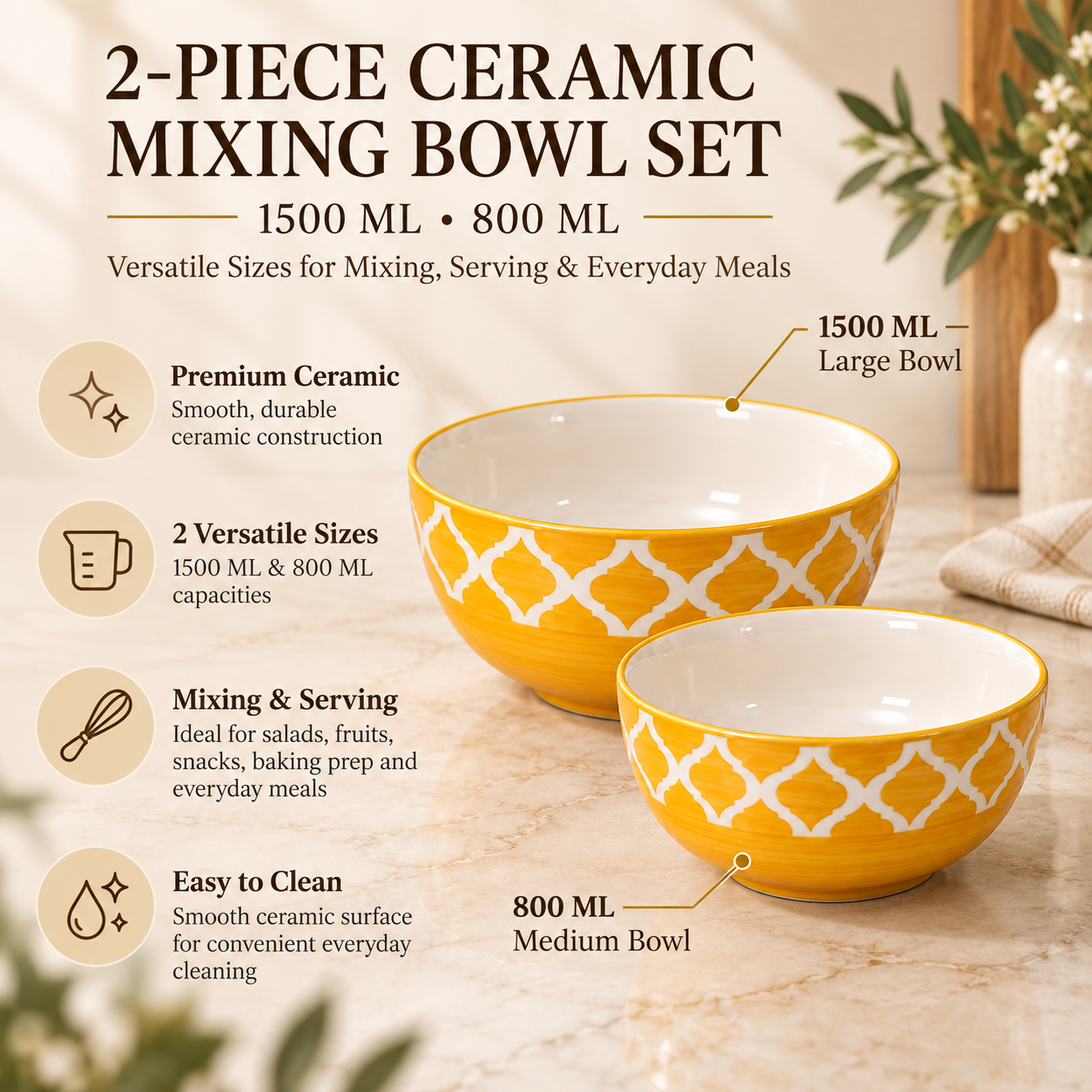KunhaR Ceramic Mixing Bowl Set, 1500 ml & 800 ml, Yellow Chidi | Set of 2 Nesting Bowls for Mixing, Serving, Salad, Pasta, Snacks & Kitchen Prep - Image 7