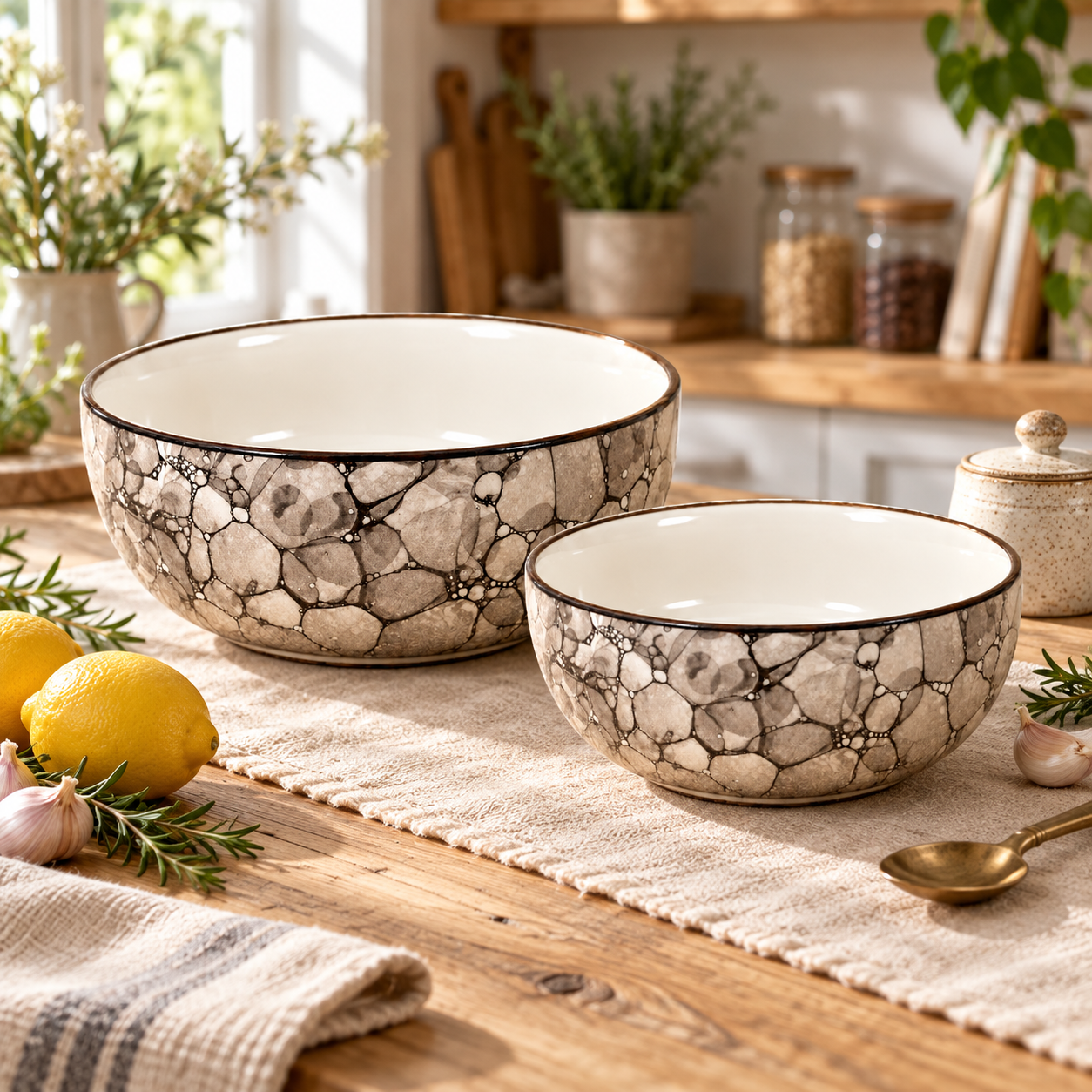 KunhaR Ceramic Mixing Bowl Set, 1500 ml & 800 ml, Black Luster | Set of 2 Nesting Bowls for Mixing, Serving, Salad, Pasta, Snacks & Kitchen Prep
