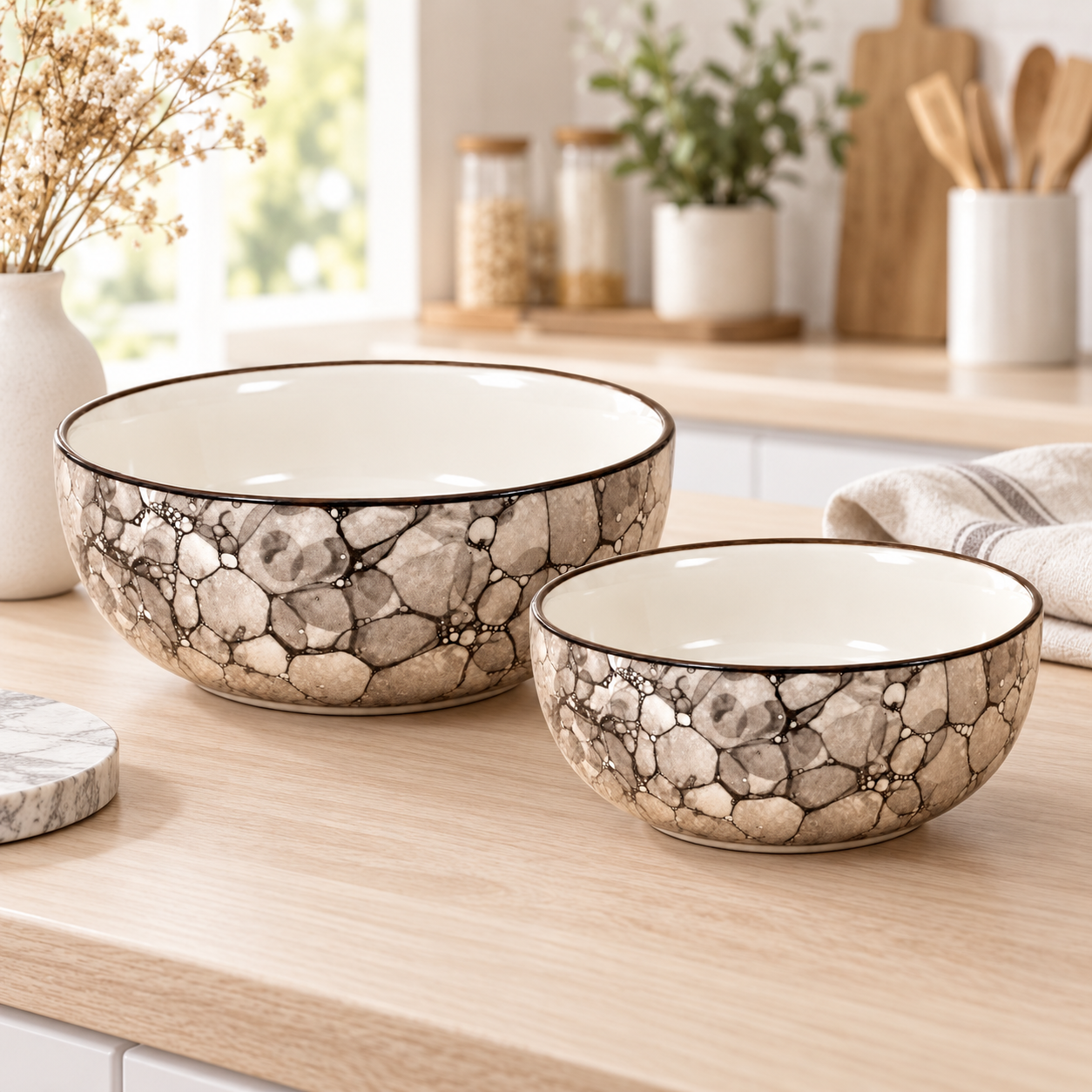 KunhaR Ceramic Mixing Bowl Set, 1500 ml & 800 ml, Black Luster | Set of 2 Nesting Bowls for Mixing, Serving, Salad, Pasta, Snacks & Kitchen Prep - Image 2