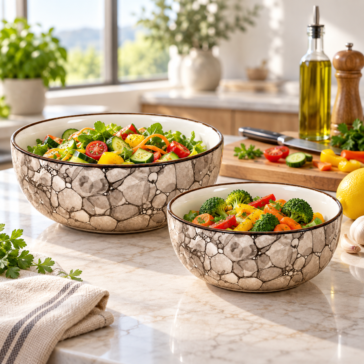 KunhaR Ceramic Mixing Bowl Set, 1500 ml & 800 ml, Black Luster | Set of 2 Nesting Bowls for Mixing, Serving, Salad, Pasta, Snacks & Kitchen Prep - Image 4