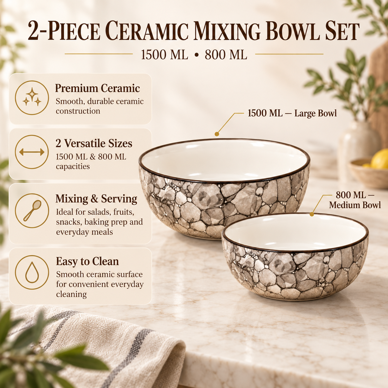 KunhaR Ceramic Mixing Bowl Set, 1500 ml & 800 ml, Black Luster | Set of 2 Nesting Bowls for Mixing, Serving, Salad, Pasta, Snacks & Kitchen Prep - Image 7