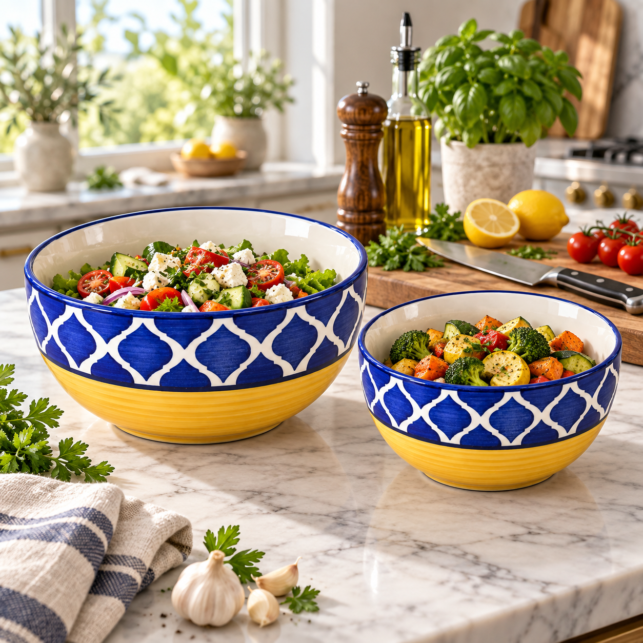 KunhaR Ceramic Mixing Bowl Set, 1500 ml & 800 ml, Yellow Blue Chidi | Set of 2 Nesting Bowls for Mixing, Serving, Salad, Pasta, Snacks & Kitchen Prep