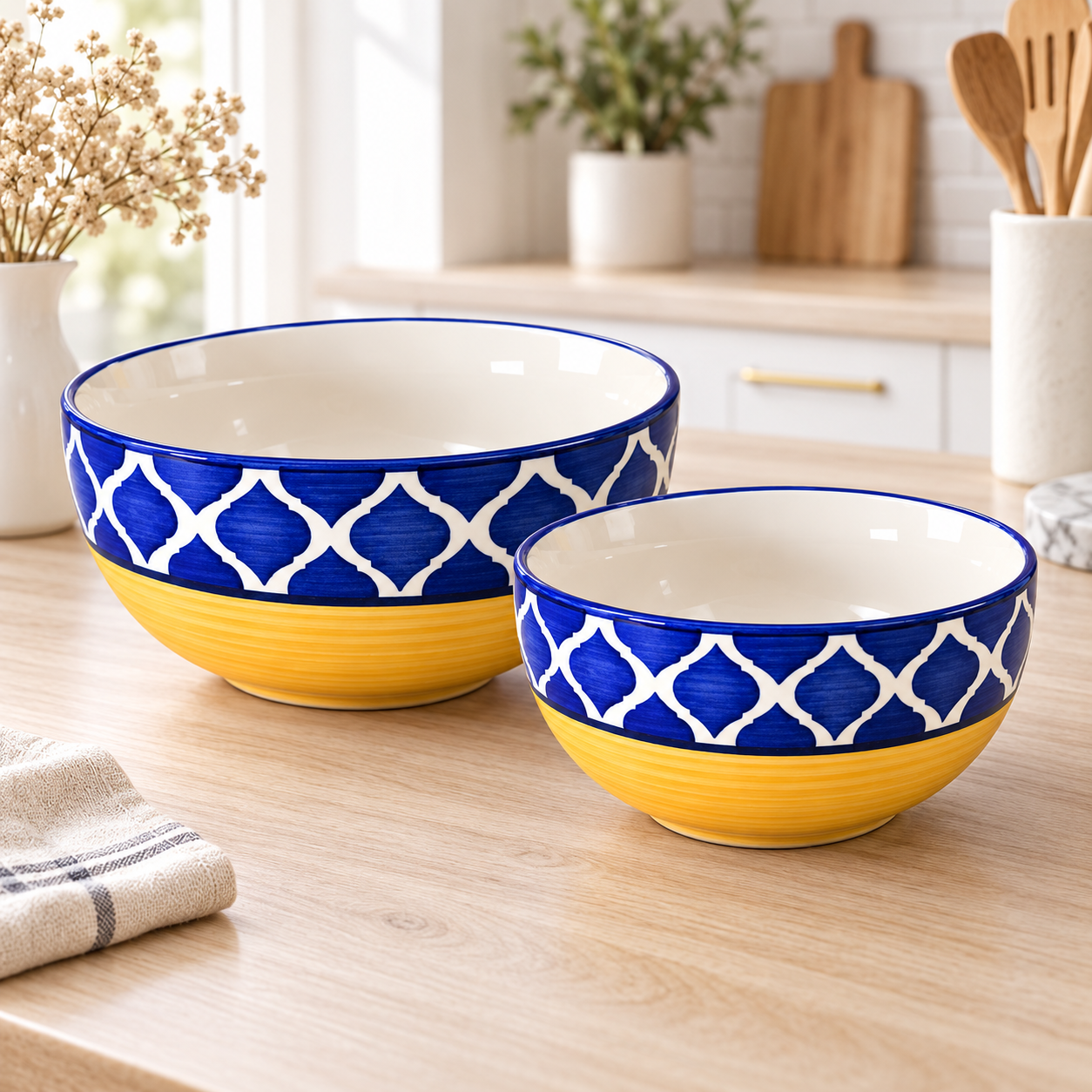 KunhaR Ceramic Mixing Bowl Set, 1500 ml & 800 ml, Yellow Blue Chidi | Set of 2 Nesting Bowls for Mixing, Serving, Salad, Pasta, Snacks & Kitchen Prep - Image 2