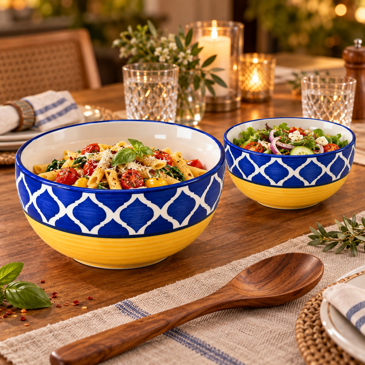 KunhaR Ceramic Mixing Bowl Set, 1500 ml & 800 ml, Yellow Blue Chidi | Set of 2 Nesting Bowls for Mixing, Serving, Salad, Pasta, Snacks & Kitchen Prep - Image 3