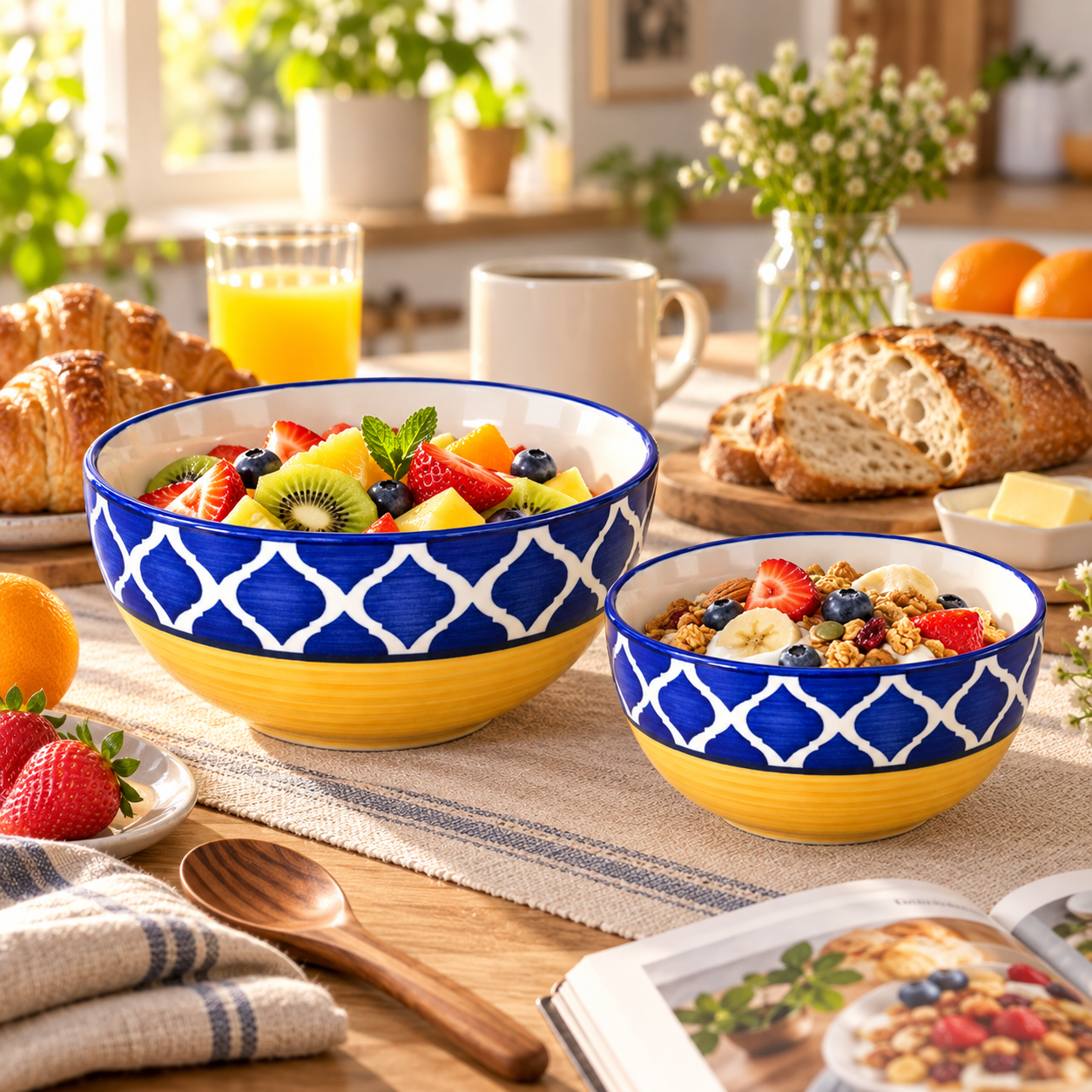 KunhaR Ceramic Mixing Bowl Set, 1500 ml & 800 ml, Yellow Blue Chidi | Set of 2 Nesting Bowls for Mixing, Serving, Salad, Pasta, Snacks & Kitchen Prep - Image 4