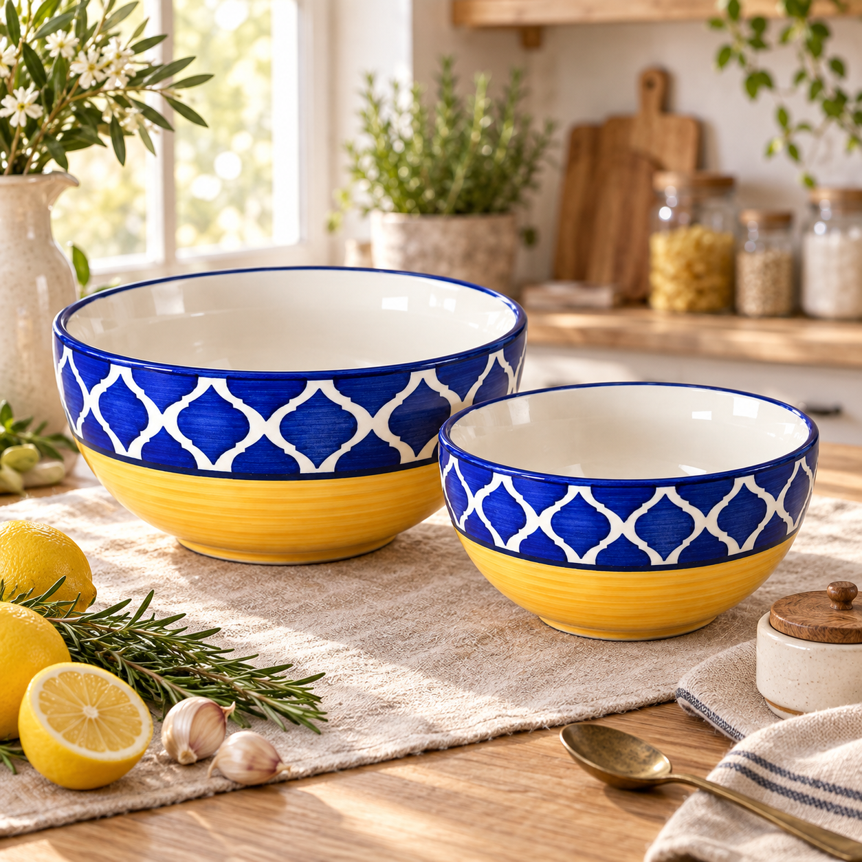 KunhaR Ceramic Mixing Bowl Set, 1500 ml & 800 ml, Yellow Blue Chidi | Set of 2 Nesting Bowls for Mixing, Serving, Salad, Pasta, Snacks & Kitchen Prep - Image 5