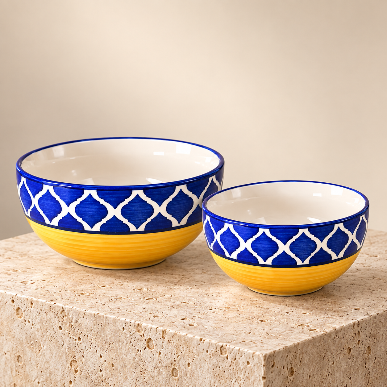 KunhaR Ceramic Mixing Bowl Set, 1500 ml & 800 ml, Yellow Blue Chidi | Set of 2 Nesting Bowls for Mixing, Serving, Salad, Pasta, Snacks & Kitchen Prep - Image 6