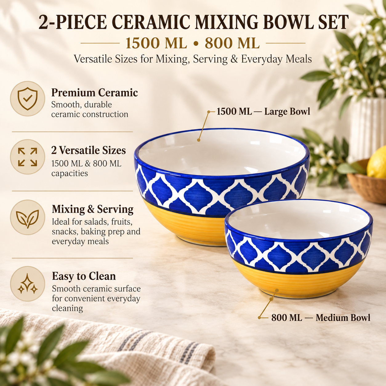 KunhaR Ceramic Mixing Bowl Set, 1500 ml & 800 ml, Yellow Blue Chidi | Set of 2 Nesting Bowls for Mixing, Serving, Salad, Pasta, Snacks & Kitchen Prep - Image 7