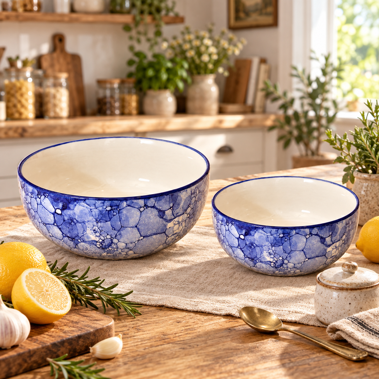 KunhaR Ceramic Mixing Bowl Set, 1500 ml & 800 ml, Blue Luster | Set of 2 Nesting Bowls for Mixing, Serving, Salad, Pasta, Snacks & Kitchen Prep