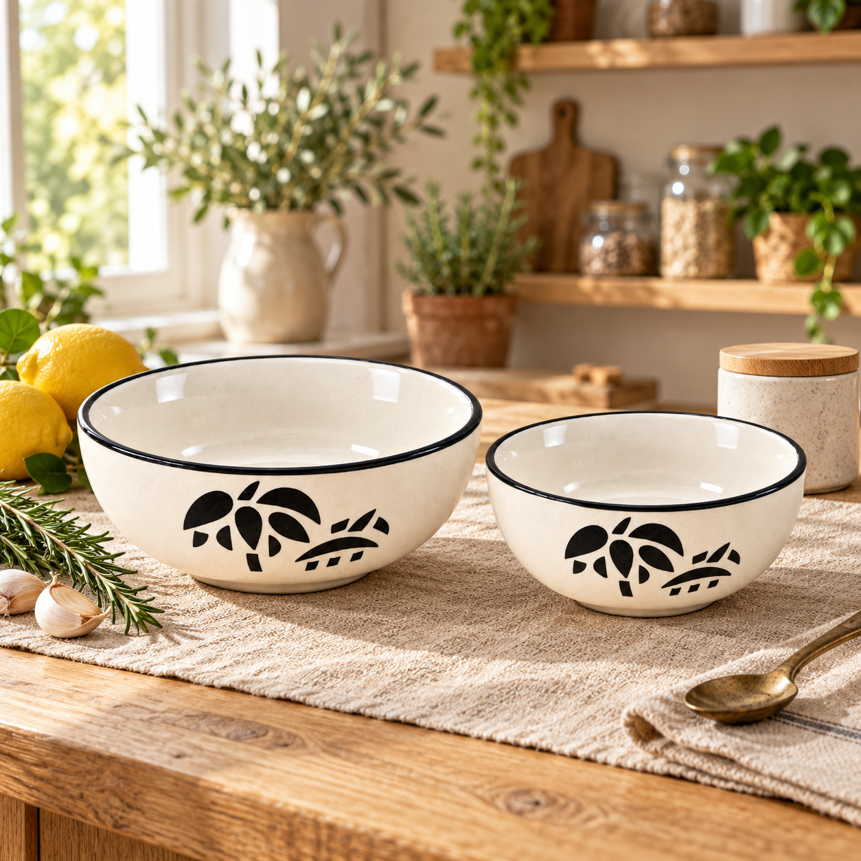 KunhaR Ceramic Mixing Bowl Set, 1500 ml & 800 ml, White | Set of 2 Nesting Bowls for Mixing, Serving, Salad, Pasta, Snacks & Kitchen Prep