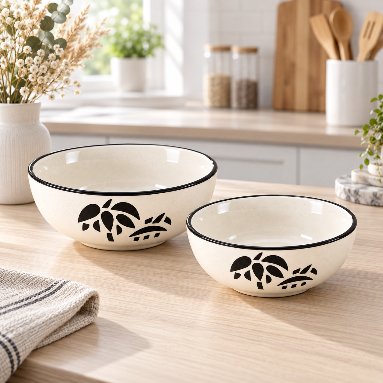 KunhaR Ceramic Mixing Bowl Set, 1500 ml & 800 ml, White | Set of 2 Nesting Bowls for Mixing, Serving, Salad, Pasta, Snacks & Kitchen Prep - Image 2