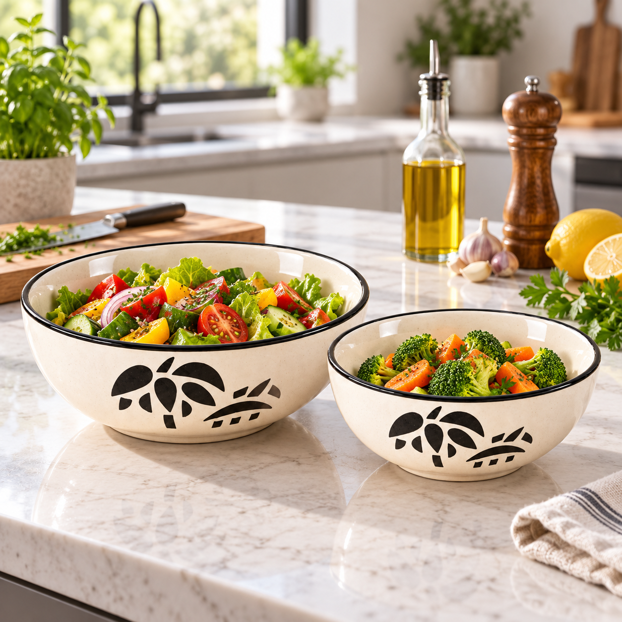 KunhaR Ceramic Mixing Bowl Set, 1500 ml & 800 ml, White | Set of 2 Nesting Bowls for Mixing, Serving, Salad, Pasta, Snacks & Kitchen Prep - Image 3