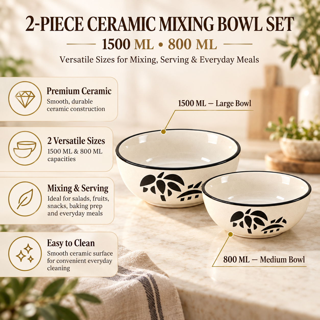 KunhaR Ceramic Mixing Bowl Set, 1500 ml & 800 ml, White | Set of 2 Nesting Bowls for Mixing, Serving, Salad, Pasta, Snacks & Kitchen Prep - Image 6