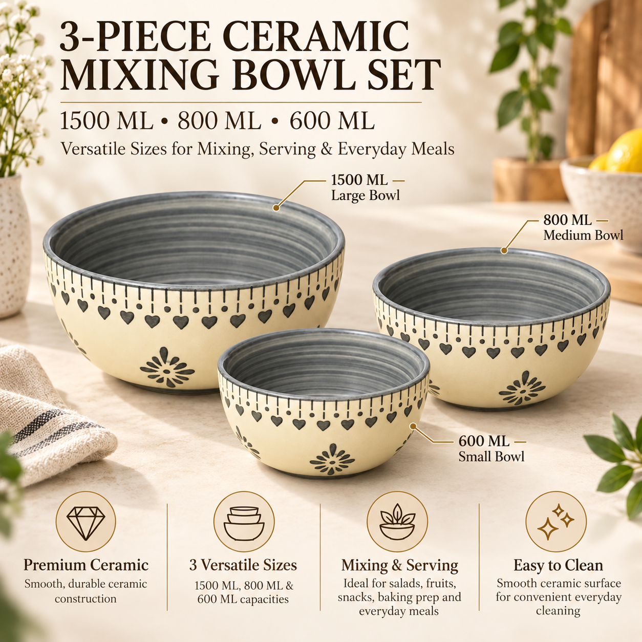 KunhaR Ceramic Mixing Bowl Set, 1500 ml, 800 ml & 600 ml, Grey Desert Sand | Set of 3 Nesting Bowls for Mixing, Serving, Salad, Pasta, Snacks & Kitchen Prep - Image 7