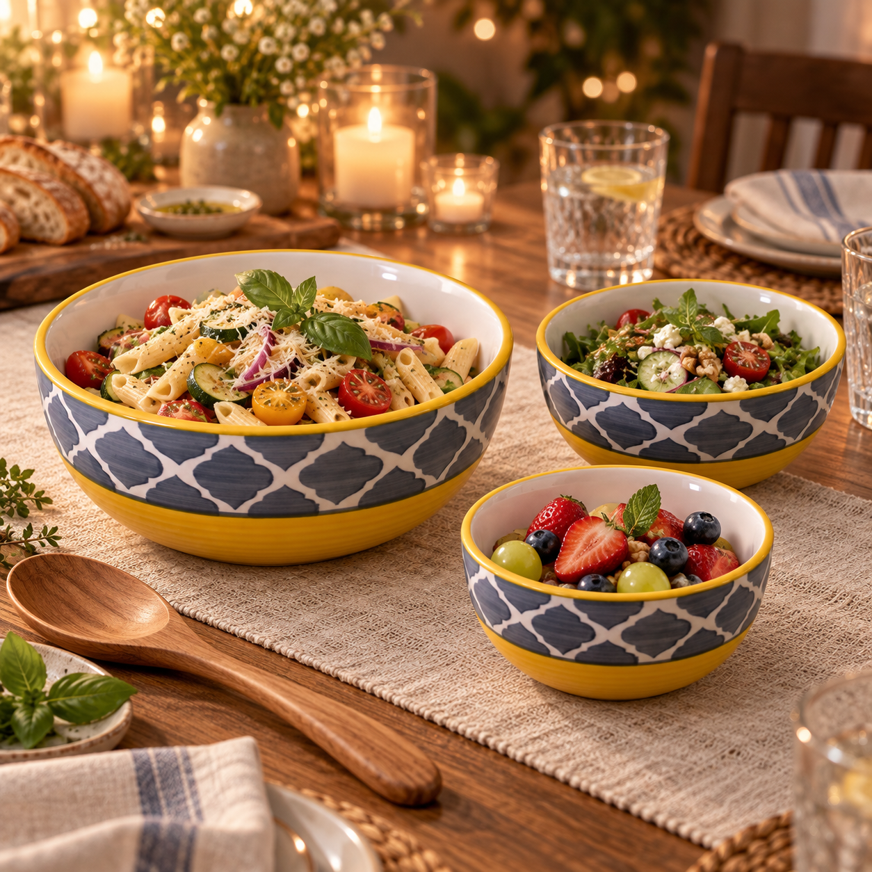 KunhaR Ceramic Mixing Bowl Set, 1500 ml, 800 ml & 600 ml, Yellow Grey | Set of 3 Nesting Bowls for Mixing, Serving, Salad, Pasta, Snacks & Kitchen Prep